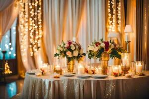 wedding reception table with candles and flowers. AI-Generated photo