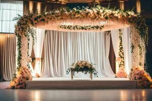 un Boda ceremonia con un floral arco. generado por ai foto