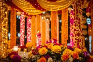 un vistoso Boda ceremonia con flores y guirnaldas generado por ai foto