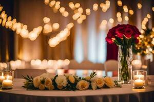 a table with candles and flowers in front of a backdrop of lights. AI-Generated photo