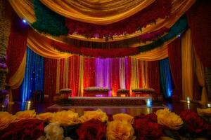 indian wedding decor with colorful drapes and flowers. AI-Generated photo