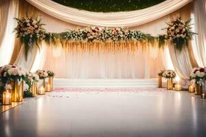 un Boda ceremonia con blanco y oro decoraciones generado por ai foto