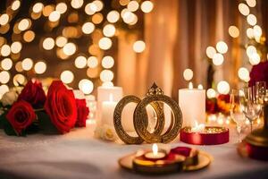 wedding table with candles and rings. AI-Generated photo