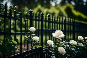 white roses are growing in a black wrought fence. AI-Generated photo
