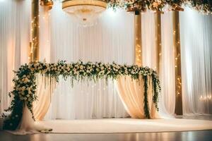 wedding ceremony with floral arch and chandelier. AI-Generated photo