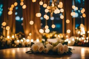 a table with flowers and candles in front of a window. AI-Generated photo