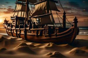 a pirate ship is on the beach at sunset. AI-Generated photo