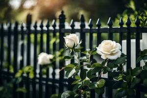 white roses growing on a black fence. AI-Generated photo