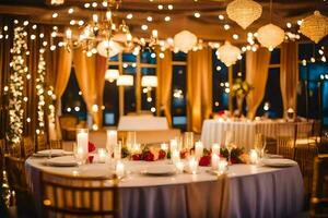 a wedding reception with candles and string lights. AI-Generated photo