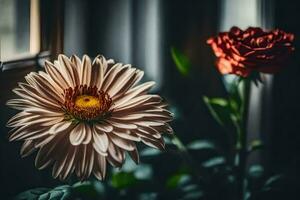 two flowers are sitting in front of a window. AI-Generated photo