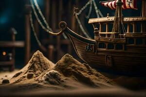 a model of a pirate ship in the sand. AI-Generated photo