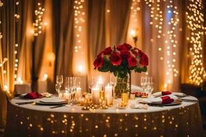 a table setting with candles and red roses. AI-Generated photo