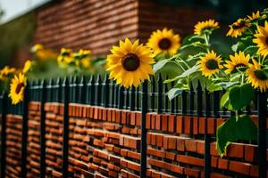 sunflowers are growing on a brick wall near a fence. AI-Generated photo