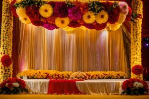 un Boda etapa decorado con flores y rojo y amarillo flores generado por ai foto