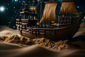 a model of a ship in the sand. AI-Generated photo