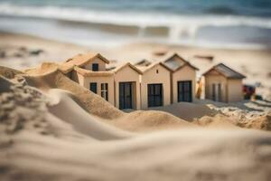 a miniature house on the beach with sand. AI-Generated photo