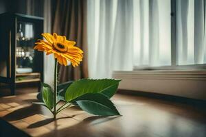 a single yellow flower sits on a table in front of a window. AI-Generated photo