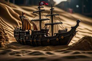 a pirate ship is sitting in the sand. AI-Generated photo