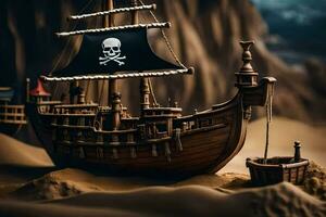 a pirate ship is in the sand with a skull and crossbones on it. AI-Generated photo