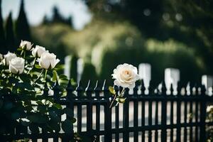 white roses are growing on a fence. AI-Generated photo