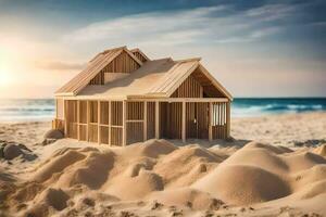 a wooden house on the beach with the sun in the background. AI-Generated photo