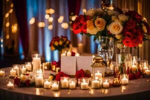 a table with candles and flowers on it. AI-Generated photo