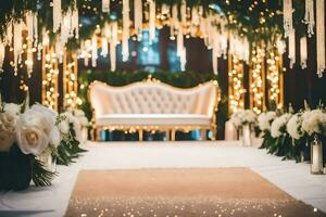 a wedding ceremony with white chairs and a white carpet. AI-Generated photo