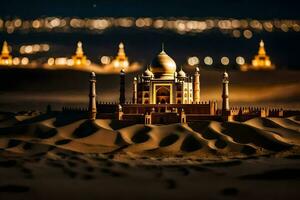 a miniature taj mahal in the desert at night. AI-Generated photo