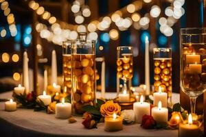 candles and flowers are arranged on a table. AI-Generated photo