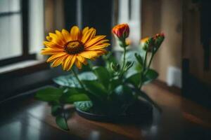 un amarillo flor se sienta en un florero en un mesa. generado por ai foto