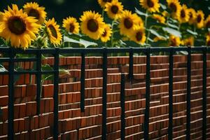 sunflowers are growing on a brick wall. AI-Generated photo