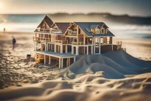 un miniatura casa en el playa con arena. generado por ai foto