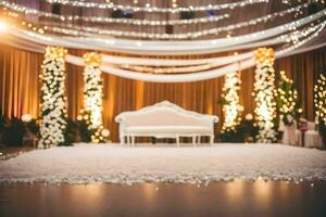 un elegante Boda ceremonia con blanco decoración y luces. generado por ai foto