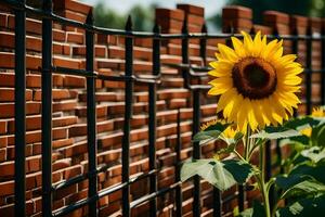 a sunflower is in front of a brick fence. AI-Generated photo