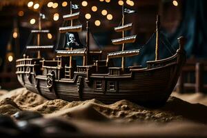 a pirate ship is sitting on sand in a dark room. AI-Generated photo