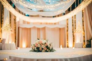 a wedding reception with a white table and flowers. AI-Generated photo