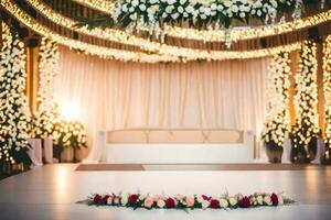 a wedding dance floor decorated with flowers and lights. AI-Generated photo