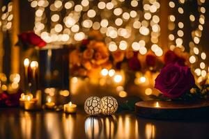 velas y rosas en un mesa con un antecedentes de luces. generado por ai foto