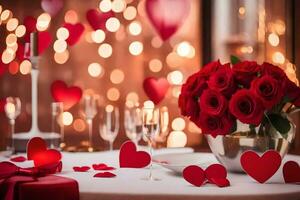 valentine's day table setting with red hearts. AI-Generated photo