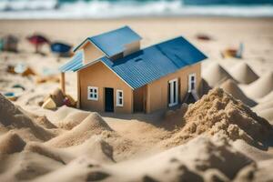 a small house is sitting in the sand on the beach. AI-Generated photo