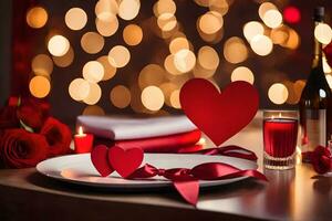 San Valentín día mesa ajuste con rojo rosas y un botella de vino. generado por ai foto