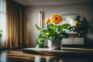 un flor en un florero en un mesa. generado por ai foto