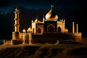 a golden mosque in the desert at night. AI-Generated photo