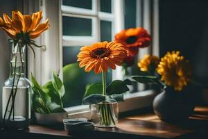 orange flowers in vases on a windowsill. AI-Generated photo