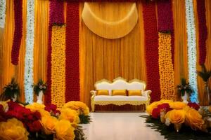 a wedding stage decorated with flowers and yellow and red flowers. AI-Generated photo
