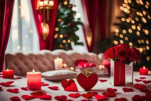 valentine's day table setting with red hearts and candles. AI-Generated photo