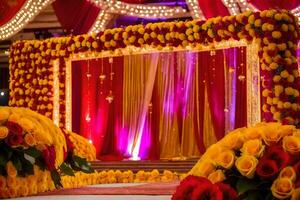 a wedding stage decorated with red and yellow flowers. AI-Generated photo