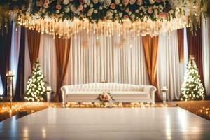 a wedding stage with a white couch and flowers. AI-Generated photo