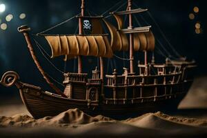 a model of a pirate ship in the sand. AI-Generated photo