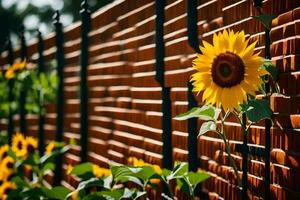 a sunflower is growing in front of a brick fence. AI-Generated photo